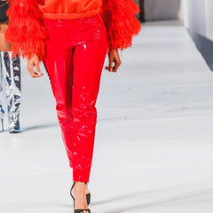 Nik spruill designer red patent leather pants ready-to-wear collection,front view, bright red orange patent leather pants